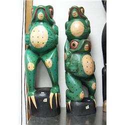 Pair of wooden frogs- one has a frog on head- approx. 31" tall each (2)