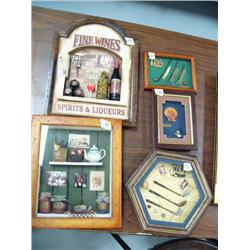 Lot of 5 framed items- golfing, sea shells, food, wine (2)