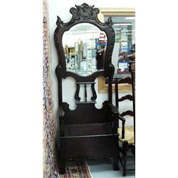 New beveled mirror, carved seated hall stand- 85" high, 31" width (2)