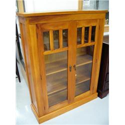 Mission style bookcase with leaded glass panels on top, has 2 doors- 51-1/2" height, 39-1/2" length 