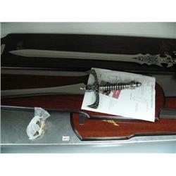 Lot of 3 Excalibur swords- stainless steel blades, double-edged, bronze solid metal hilts, with wood