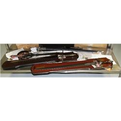 Lot of: 3 daggers and 1 sword- Excalibur: stainless steel blades, double-edged, bronze solid metal h