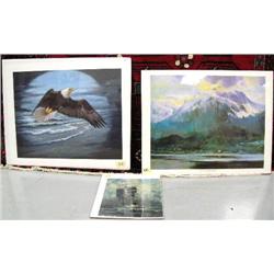 Sydney Lawrence print of Juneau Bay; print of an eagle, print of a sailing ship (2)