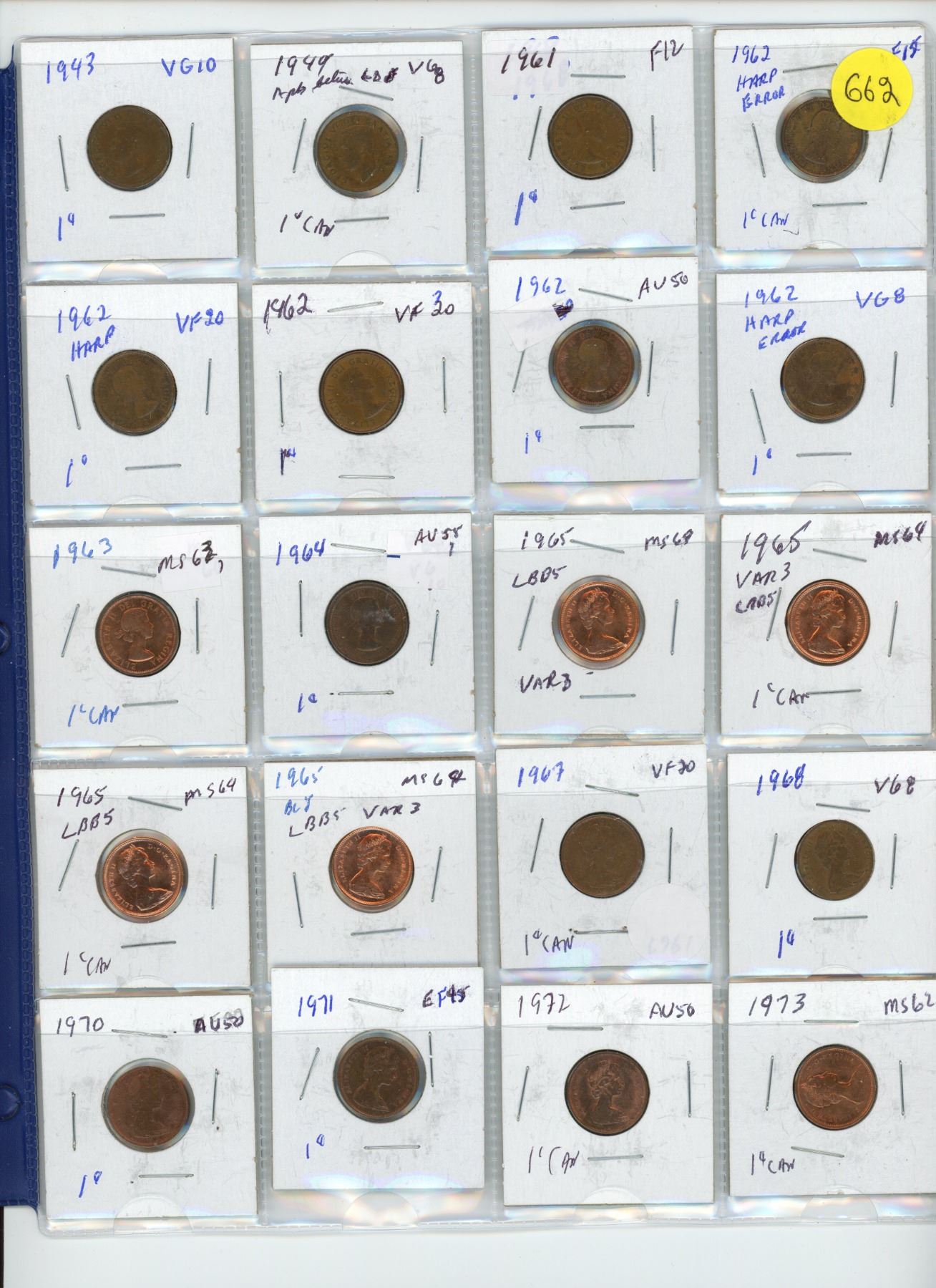 Canadian Coin Collection Sheets Two sheets of canadian pennies of various years- 40 coins - Schmalz ...