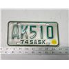 1974 Small Saskatchewan license plate - AK510