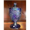 Image 1 : Imperial glass, blue, iridescent candy dish with lid, in harvest grape pattern