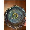 Image 1 : Vintage, Indiana, blue, carnival glass, starburst and diamond pattern, crimped, bowl