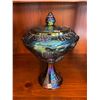 Image 1 : Vintage, Indiana, Carnival glass, blue candy dish, with lid