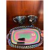 Image 2 : Vintage, Indiana, blue, carnival glass, cream and sugar set, with tray