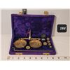 Image 1 : Vintage portable brass weigh scale in purple velvet case. India