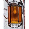Image 2 : Vintage ornamental metal & amber glass panels swag lamp. Made In Calgary
