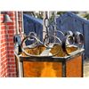 Image 3 : Vintage ornamental metal & amber glass panels swag lamp. Made In Calgary
