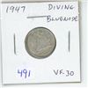 Image 1 : 1947 Diving Bluenose Silver 10 Cents. Rotated Die. VF-30. Scarce.