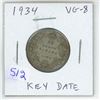 Image 1 : 1934 Canadian Silver 25 Cents. Key Date. Mintage of 384,350. VG-8.