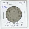Image 1 : 1918 Canadian Silver 50 Cents. Issued during the last year of World War I. VG-8.