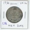 Image 1 : 1936 Canadian Silver 50 Cents. Last issue for King George V. Key Date. Mintage of 38,550. VF-20.
