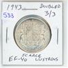 Image 1 : 1943 Doubled 3/3 Canadian Silver 50 Cents. EF-40. Lustrous. Scarce.