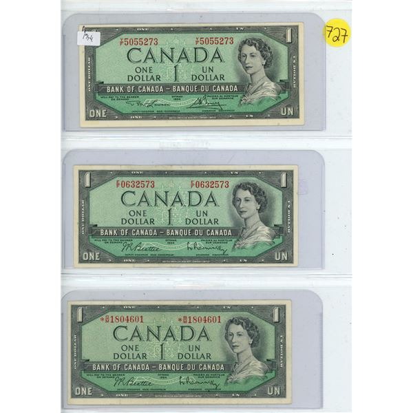 Three X 1954 Canadian $1.00 one dollar bills, one replacement