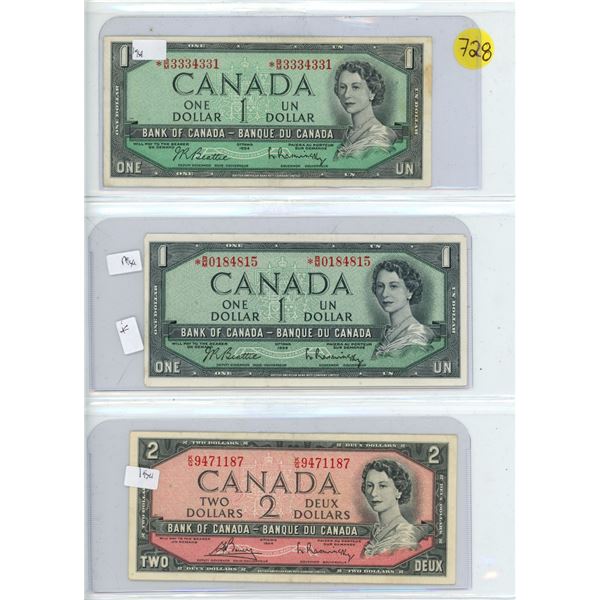 2 X 1954 Canadian $1.00 replacement bills *, $2.00 two dollar bill