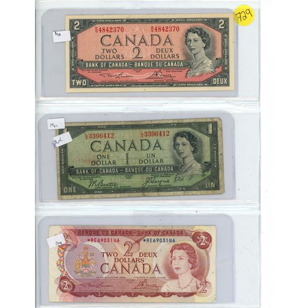 1954 Canadian $1.00 bill 'Devil's Face', 1954 $2.00, 1974 $2.00 bill replacement *