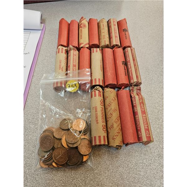 Large assortment pennies - 18 rolls & bag