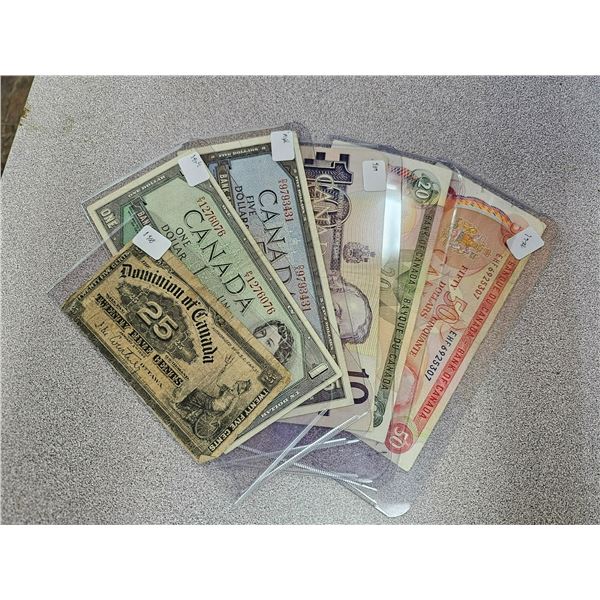 Lot of 6 Canadian collectible bills - 1900 Shinplaster, 1954 $1, 1954 $5, 1989 $10, 1979 $20, 1975 $