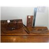 Image 1 : Vintage, leather, tooled purse, with wallet and wood carved handles for handmade bag