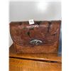 Image 2 : Vintage, leather, tooled purse, with wallet and wood carved handles for handmade bag