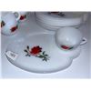 Image 2 : Collection of milk glass luncheon plates with tea cups, with rose pattern. 14 pieces, total