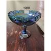 Image 1 : Blue, vintage carnival glass, pedestal dish. Has cracks