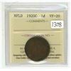 Image 1 : 1920C ICCS graded, NFLD Canadian large cent coin - VF20