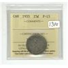 Image 1 : 1935 ICCS graded, Canadian silver 25 cent coin - F15