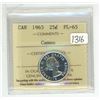 Image 1 : 1963 ICCS graded, Canadian silver 25 cent coin - PL65