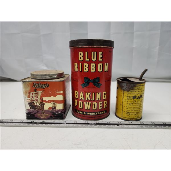 3 Vintage tins - Blue Ribbon baking powder, Riley's and Coleman ...