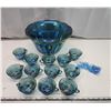 Image 1 : Blue carnival glass punch bowl set - grape pattern