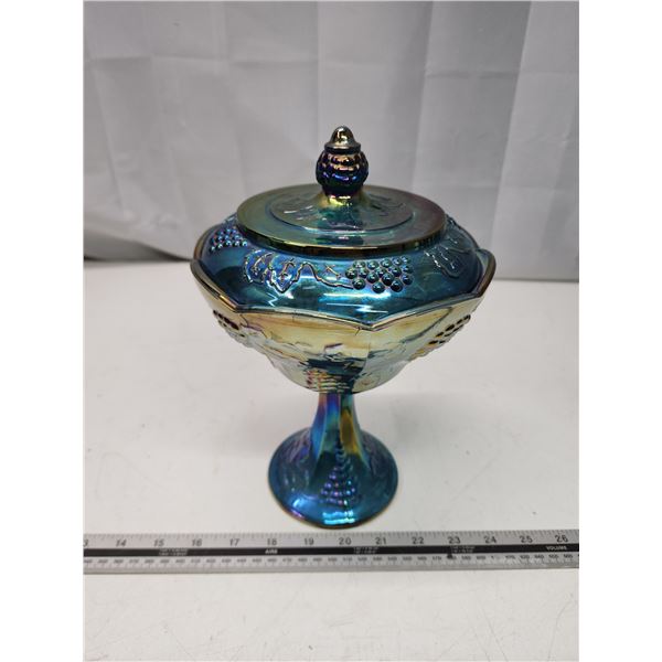 Blue carnival glass, tall footed candy dish w/ lid - grape pattern