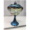 Image 2 : Blue carnival glass, tall footed candy dish w/ lid - grape pattern