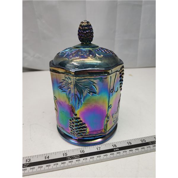 Blue carnival glass biscuit container w/ lid - grape pattern