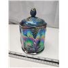 Image 2 : Blue carnival glass biscuit container w/ lid - grape pattern