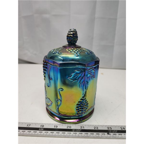 Blue carnival glass biscuit container w/ lid - grape pattern