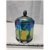 Image 1 : Blue carnival glass biscuit container w/ lid - grape pattern