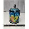 Image 2 : Blue carnival glass biscuit container w/ lid - grape pattern