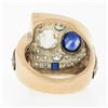 Image 7 : Antique Retro 14K Gold 3.65 ctw Bezel GIA Cushion Diamond & Sapphire Cocktail Ri