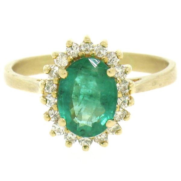 14k Yellow Gold 1.59 ctw FINE Oval Emerald Solitaire & Round Diamond Halo Ring