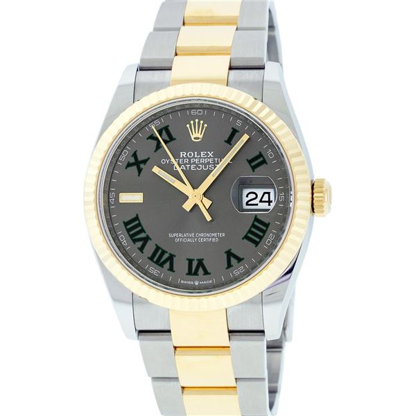 Rolex Mens 18K Two Tone Yellow Gold  Wimbledon  Gray Roman Dial Datejust 36MM Wi