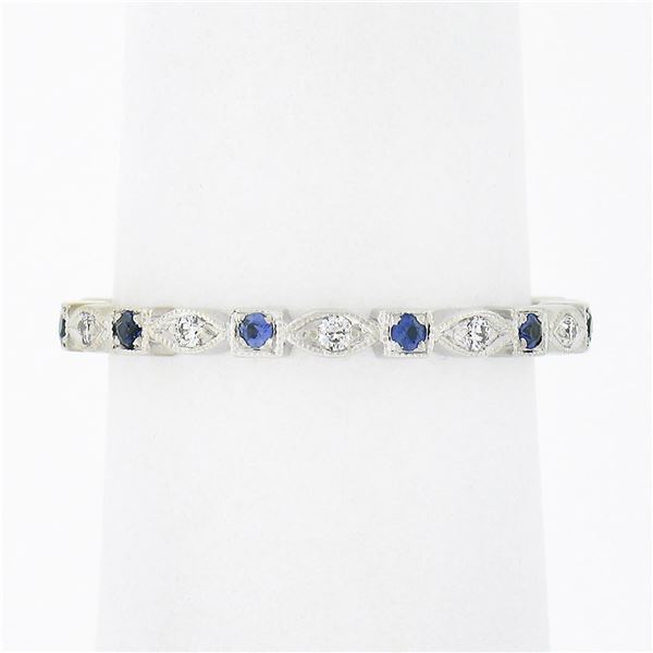 Vintage 18K Gold Diamond Sapphire Alternating Marquise Square Eternity Band Ring