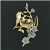 Image 2 : Vintage 18k Gold Ruby Enamel Flower Mother Bird Feeding Babies on Branch Brooch