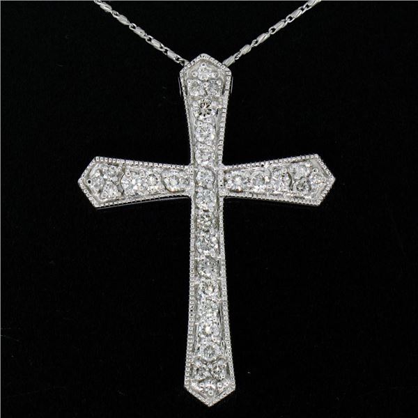 Large 14k White Gold 1.18 ctw Round Diamond Cross Pendant w/ 18  Fancy Link Chai