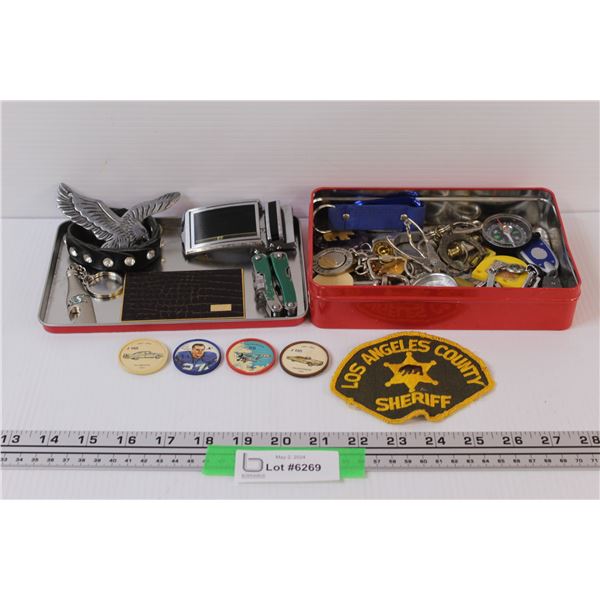 Lot of Misc. Items in Christmas Tin: Keychains; Pewter Eagle; Leather Wrist Band & More