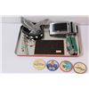 Image 2 : Lot of Misc. Items in Christmas Tin: Keychains; Pewter Eagle; Leather Wrist Band & More